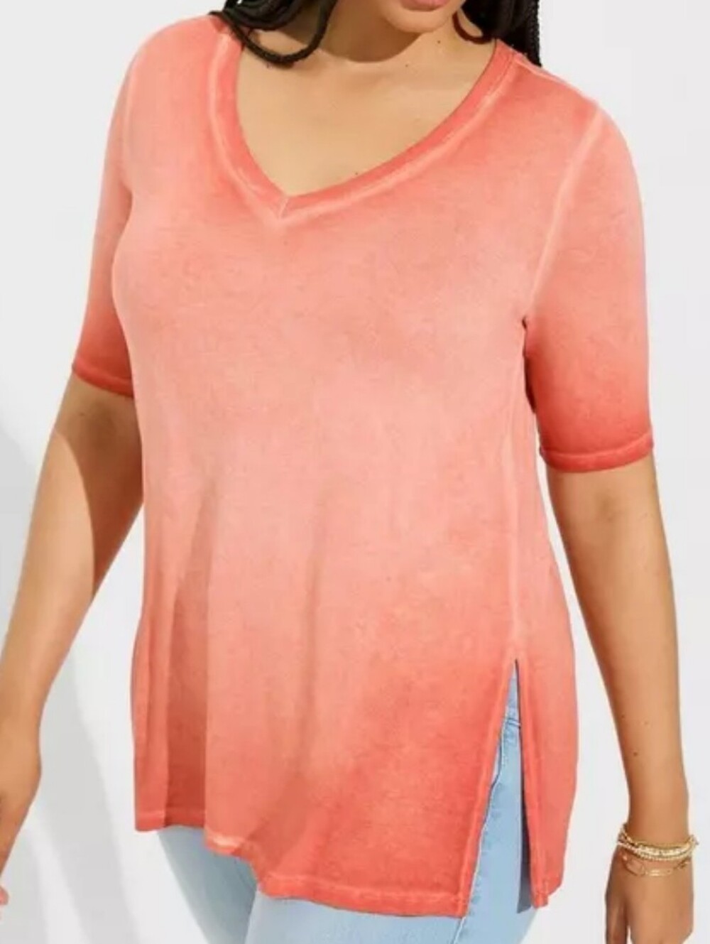 Torrid Coral V-Neck Short Sleeve Tunic with Side Slit